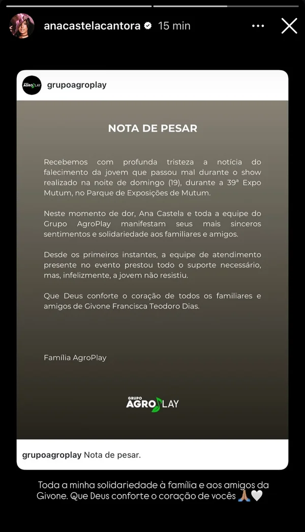 Ana Castela lamenta morte de jovem em show em MG - destaque galeria Ana Castela lamenta morte de jovem em show em MG - destaque galeria