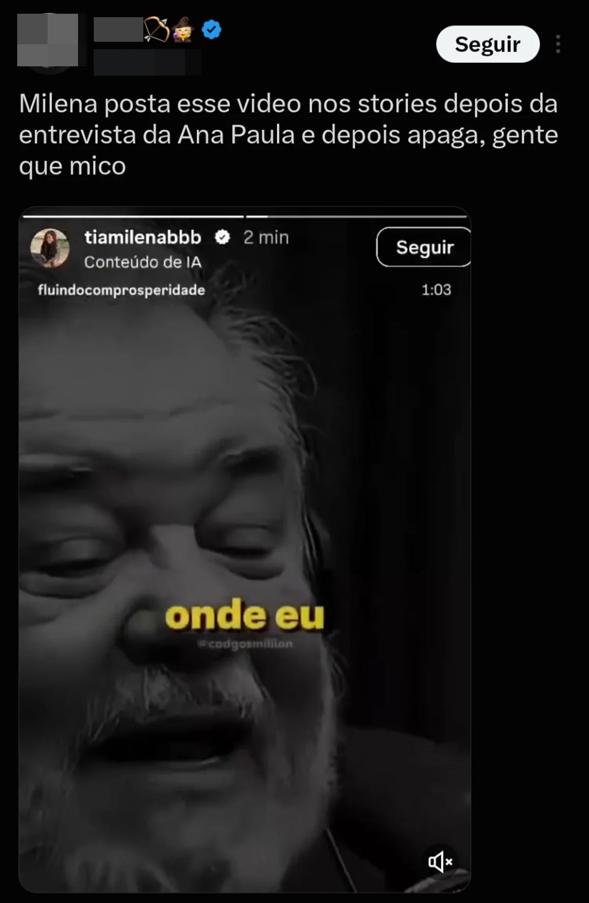 Tia Milena foi criticada por apagar post após entrevista de Ana Paula Renault, sua ex-amiga Tia Milena foi criticada por apagar post após entrevista de Ana Paula Renault, sua ex-amiga