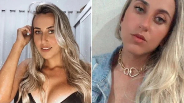 montagem com duas fotos de uma mulher loira que faz selfie