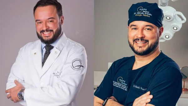Médico em duas fotos, com roupa de cirurgia e jaleco