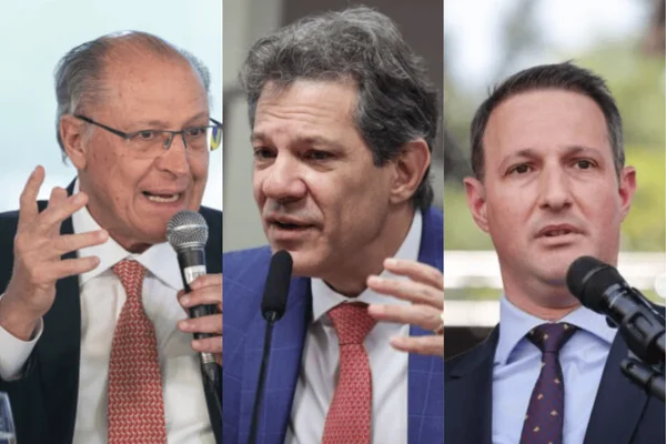 Imagem colorida de Haddad, Alckmin e Derrite juntos - Metrópoles