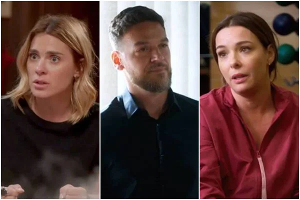 Montagem colorida de Lumiar (à esquerda), Theo (ao centro) e Clara (à direita), personagens da novela Vai na Fé - Metrópoles