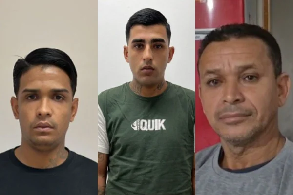 Foto montagem de três homens foragidos por latrocínio - roubo seguido de morte - de comerciante chinês, em novembro de 2025, em São José dos Campos, interior de São Paulo.