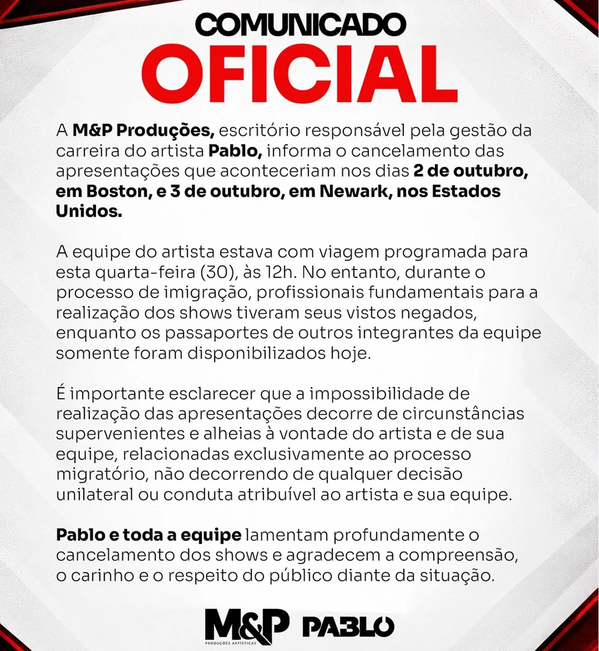 Após cancelar show nos EUA e ser acusado de calote, Pablo se explica Após cancelar show nos EUA e ser acusado de calote, Pablo se explica