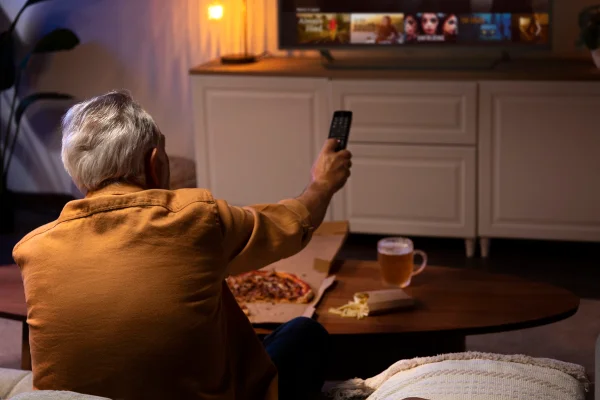 Imagem colorida de homem mais velho vendo TV - Metrópoles