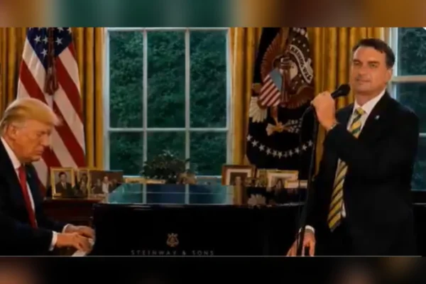 Imagem colorida mostra vídeo feito por IA com Flávio e Trump - Metrópoles