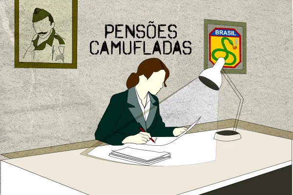 Ilustração de mulher escrevendo com um quadro do exército e da FAB atrás