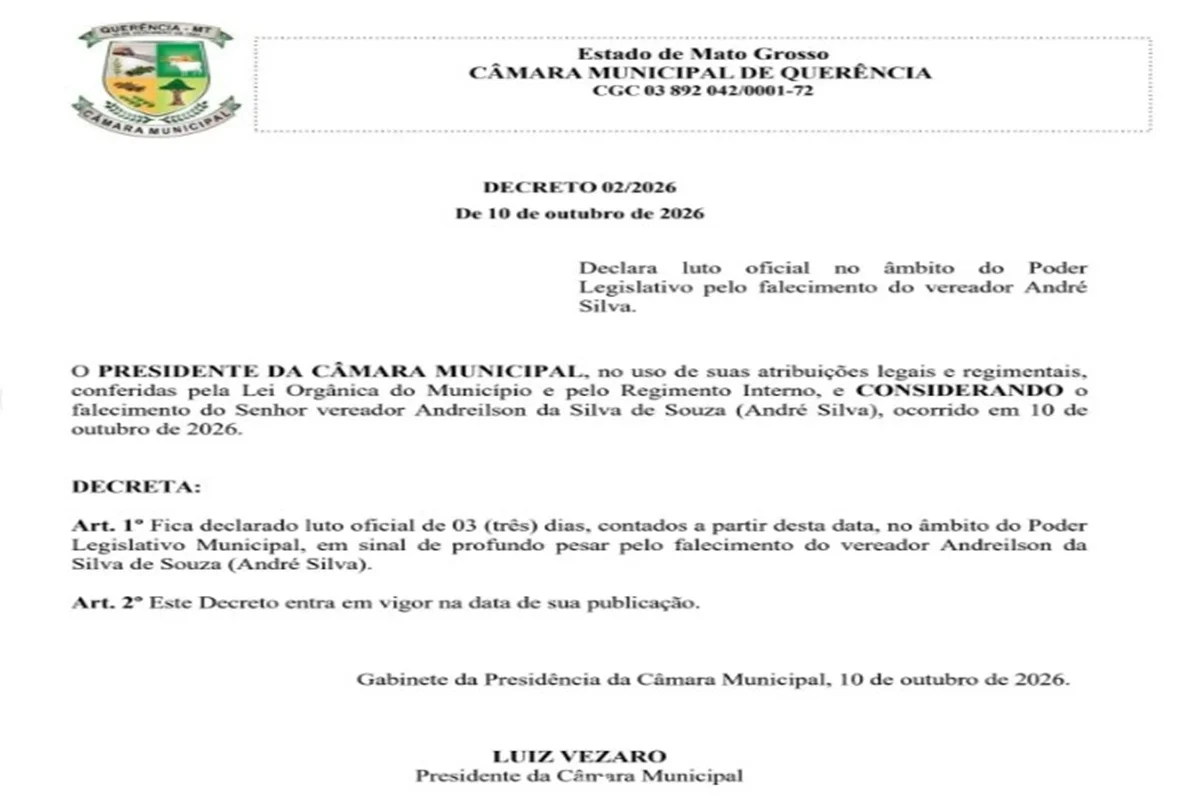Câmara Municipal de Querência declarou luto de três após morte do vereador Câmara Municipal de Querência declarou luto de três após morte do vereador