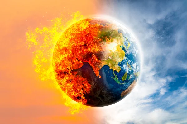 Ilustração colorida mostra mundo pegando fogo de um lado e normal do outro - Aquecimento global registra maior ritmo desde 1880, aponta estudo - Metrópoles