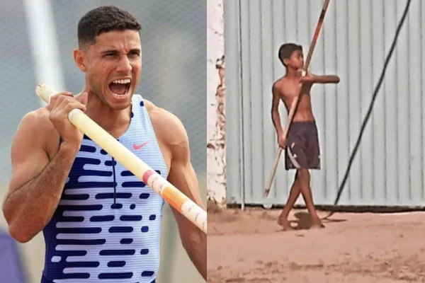 imagem colorida de Thiago Braz, campeão olímpico, e menino em treino - Metrópoles