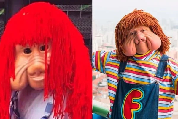 Montagem com fotos de personagens Fonfon e Fofão, bonecos com cabelos avermelhados e bochechas grandes - Metrópoles