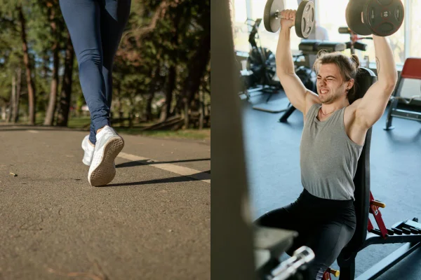 Montagem colorida com fotos de caminhada e musculação