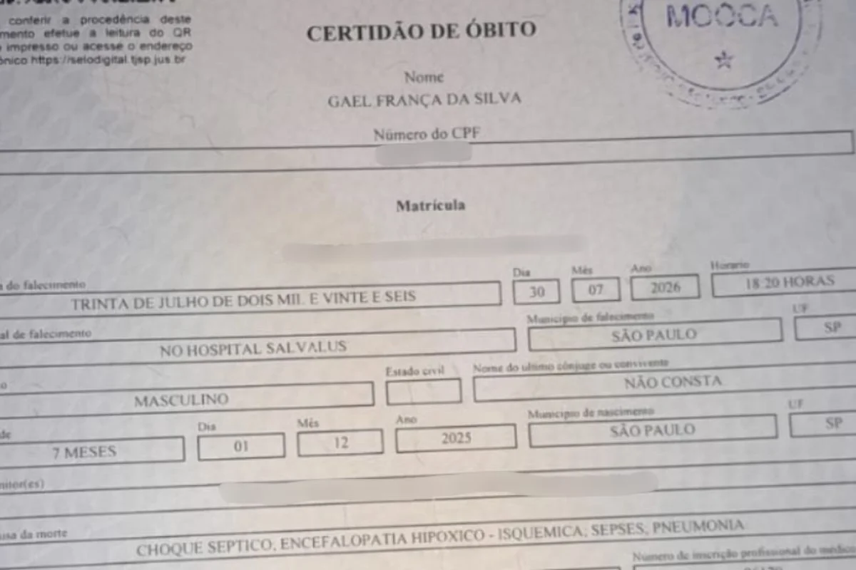 Certidão de óbito de Gael, morto aos 7 meses no Hospital Salvalus Certidão de óbito de Gael, morto aos 7 meses no Hospital Salvalus