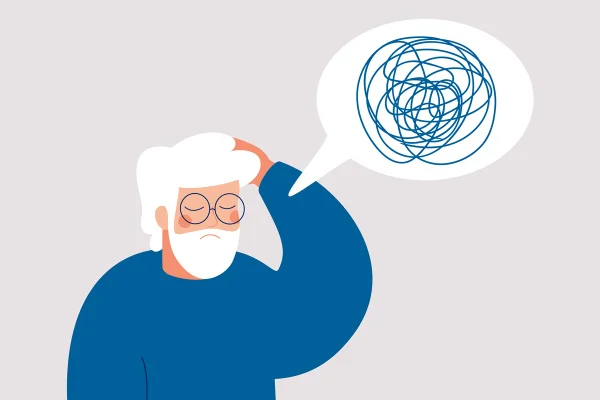 Ilustração mostra homem de cabelos brancos tocando a cabeça, e um balão de fala com uma linha emaranhada - Metrópoles