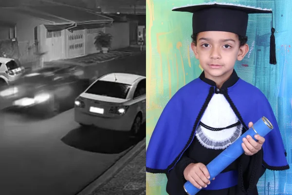 Imagem de montagem que do lado esquerdo, em preto e branco, mostra o carro atropelando a criança, e do lado direito tem a criança se formando na escola. Metrópoles