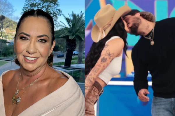 Margareth Serrão de um lado e de outro Zé Felipe e Ana Castela dando um beijo