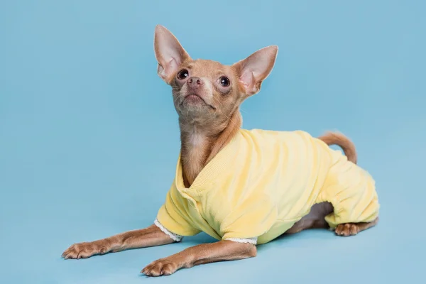 Imagem de fundo azul com cachorro vestindo roupa amarela