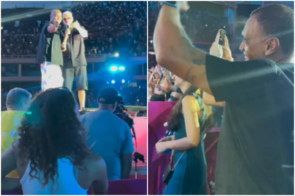 Belo se declara para o ex-jogador Denilson durante show de Thiaguinho