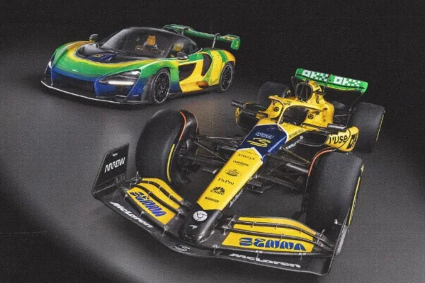 Imagem colorida de McLaren verde e amarela - Metrópoles