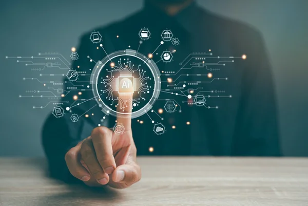 Foto de homem com dedo em ilustração de inteligência artificial IA - Metrópoles