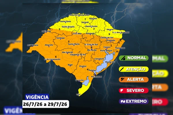 Imagem colorida de mapa com área em alerta no Rio Grande do Sul