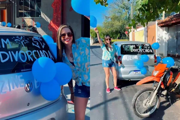 Foto colorida de um carro com balões azuis - Metrópoles