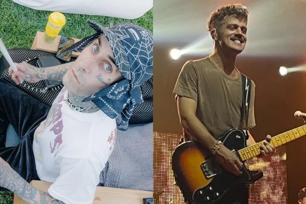 Montagem com fotos de Diego Miranda e Travis Barker