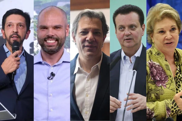Montagem mostra fotografias coloridas de Ricardo Nunes, Bruno Covas, Fernando Haddad, Gilberto Kassab e Marta Suplicy - Metrópoles