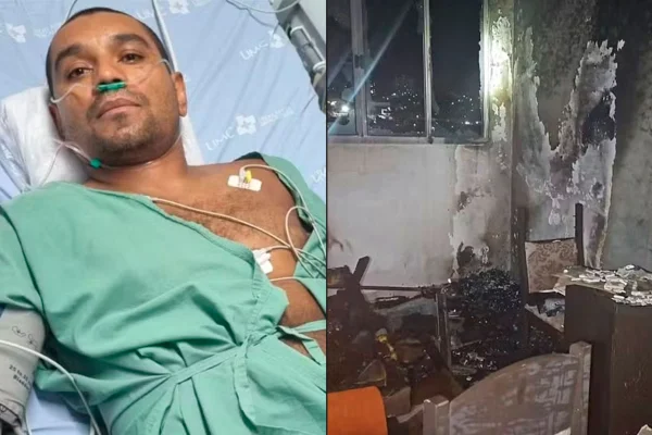 Montagem com foto colorida de Fábio internado e apartamento pós incêndio