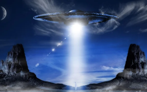 ilustração de uma nave espacial abduzindo um ET