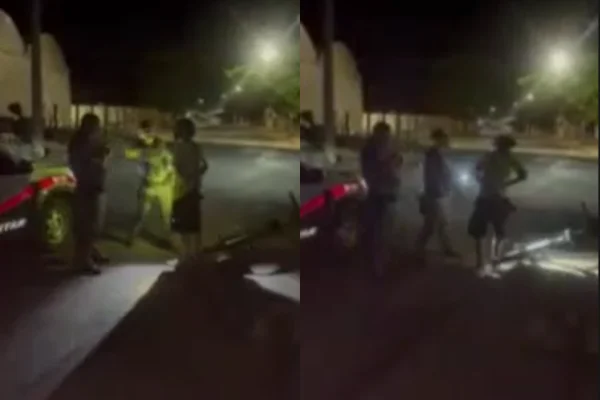 Colagem colorida de PM dando tapa no rosto de homem durante abordagem - Metrópoles