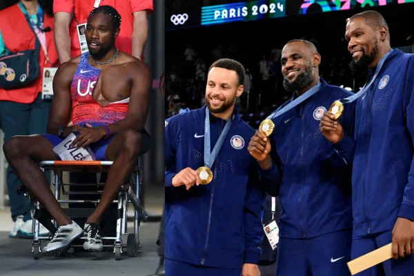 Imagem colorida mostra lado a lado o atleta Noah Lyles e jogadores da seleção de basquete dos EUA | Metrópoles