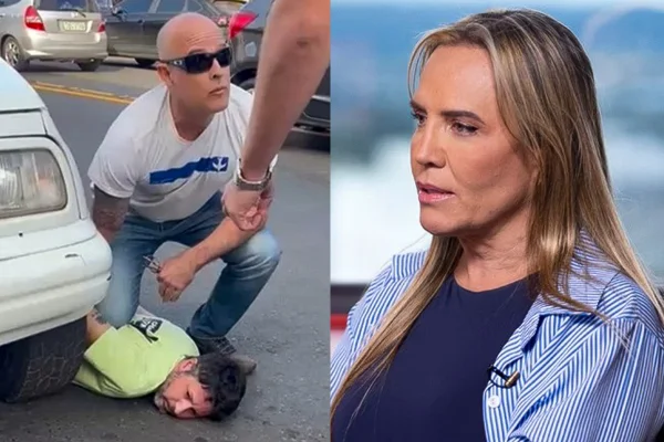 Foto colorida de policial abusivo e Celina Leão