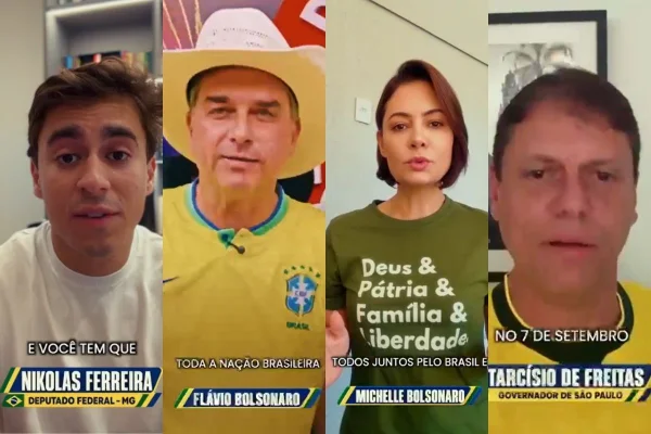 Flávio Bolsonaro, Tarcísio de Freitas, Michelle Bolsonaro e outros políticos de direita divulgaram convocações para ato de 7 de setembro - Metrópoles