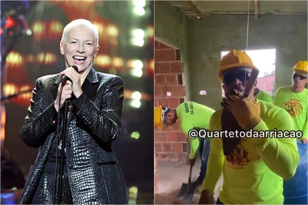 Imagem colorida: cantora Annie Lennox no placo e pedreiros cantando ao lado - Metrópoles
