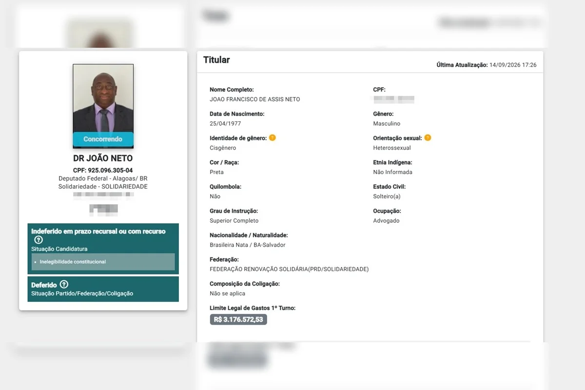 Atual situação de candidatura de João Neto no TSE Atual situação de candidatura de João Neto no TSE