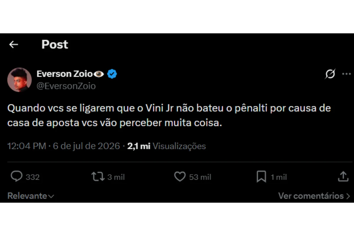 Influenciador diz que Vini Jr. não bateu pênalti por conta das bets - imagem 1 Influenciador diz que Vini Jr. não bateu pênalti por conta das bets - imagem 1