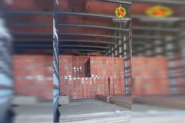 Foto colorida de traseira de caminhão cheio de caixas de papelão empilhadas em pé