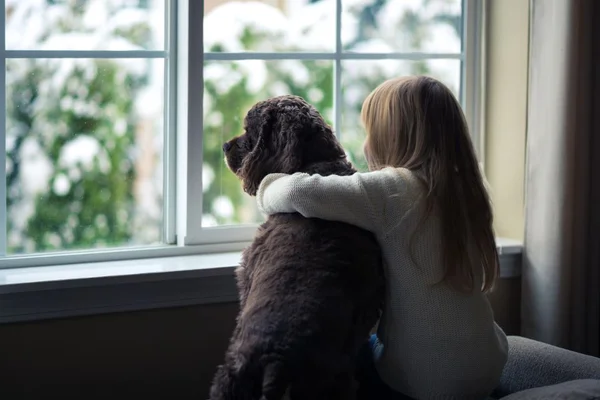 criança de costas ao lado de um cachorro