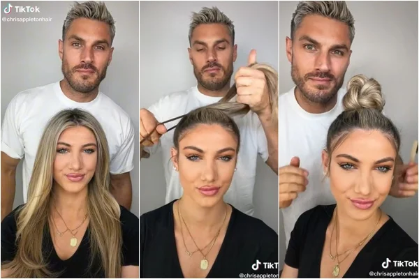 Homem fazendo penteado em cabelo de mulher