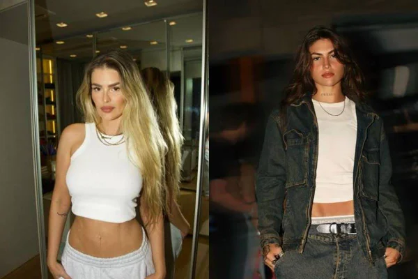 Na montagem colorida, duas mulheres posam para a câmera com blusas curtas mostrando a barriga - Metrópoles
