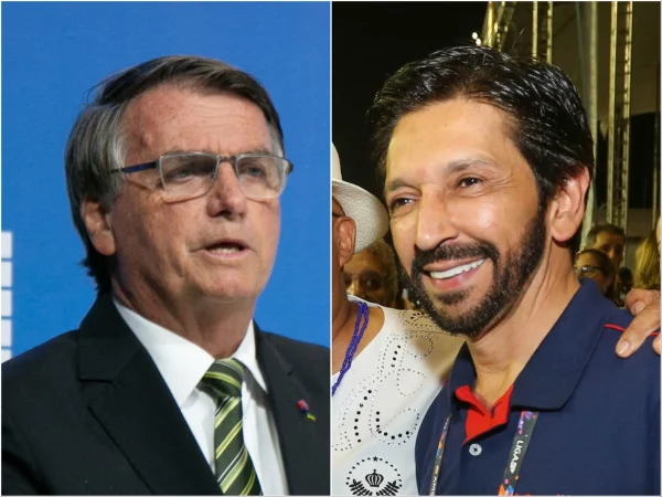 Imagem colorida traz montagem com fotos dos rostos de jair bolsonaro, homem branco, grisalho, de óculos, e ricardo nunes, homem branco, de cabelo e barba pretos
