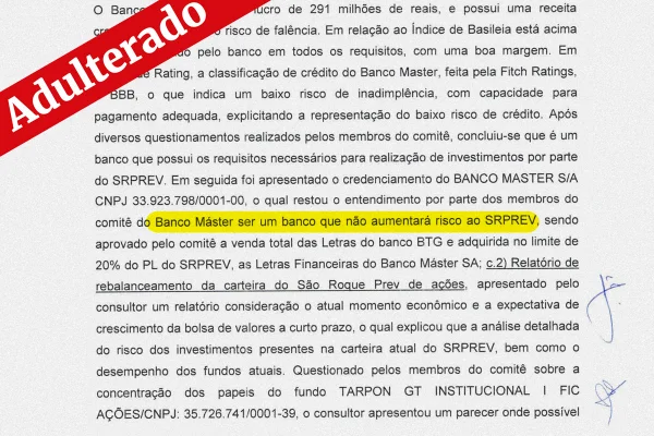 Previdência municipal adulterou ata sobre risco de investir no Master