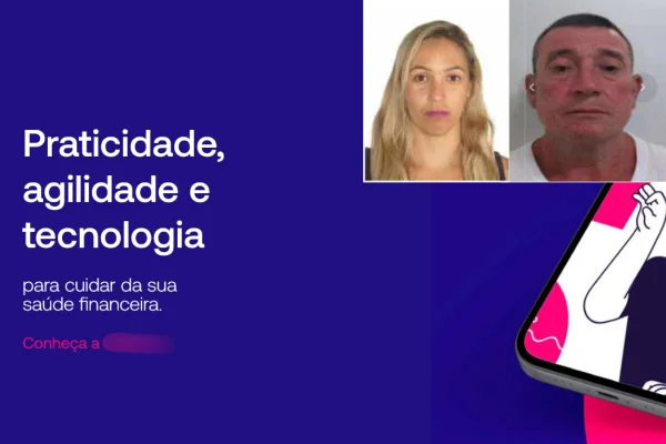 Página azul escura, com os dizeres "praticidade, agilidade e tecnologia", em branco. Na lateral, a foto de um homem e uma mulher, brancos - Metrópoles