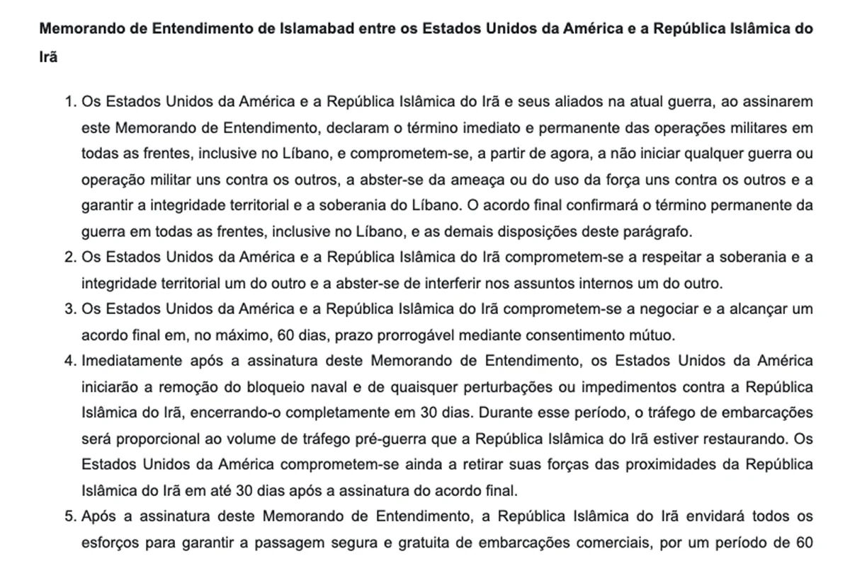 EUA x Irã: acordo de paz prevê pontos a serem cumpridos por cada lado - imagem 1 EUA x Irã: acordo de paz prevê pontos a serem cumpridos por cada lado - imagem 1