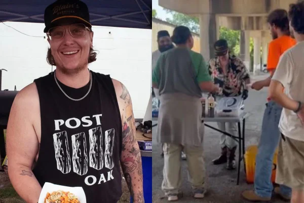 Foto colorida de Kaleb Blain preparando comida para pessoas em situação de rua