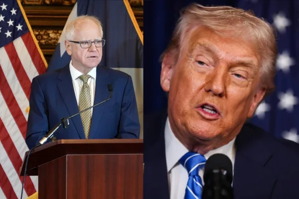 Tim Walz, governador de Minnesota à esquerda, e Donald Trump, presidente dos EUA à direita