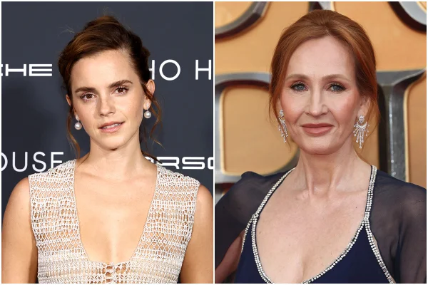 Montagem de fotos de Emma Watson e a autora J.K. Rowling