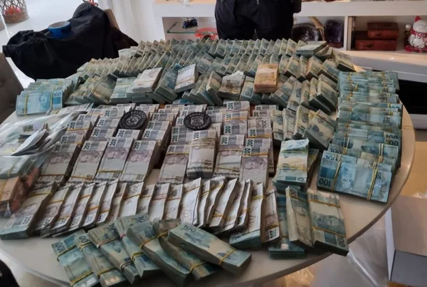 Foro colorida de maços de dinheiro apreendidos pela polícia federal - metrópoles