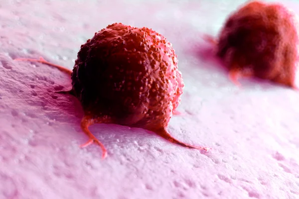 Imagem mostra ilustração de duas células cancerígenas vermelhas - Metrópoles